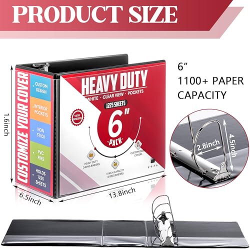 Image of Sinload 6 Pcs 3 Ring Binder, 6 Inch Large Capacity D Ring Binders with Pockets, 8.5 inch x 11 inch Presentation Folder View Binder with Customizable Clear Cover for Documents Files Projects (Black)