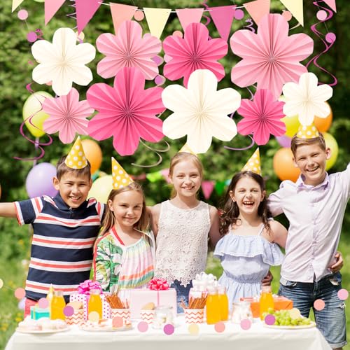 Image of Pink and Yellow Party Decorations Pink Floral Birthday Decoration Supplies | with Colorful Hanging Paper Flowers Tassel Garland and Swirls for Baby Showers Bachelorette Party Supplies Classroom Decor