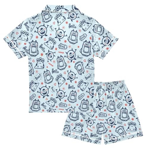 Cute Blue Monster Prints Summer Satin Pajama Set, Cute Button-Down Sleepwear Pj Set for Sleep Wears2