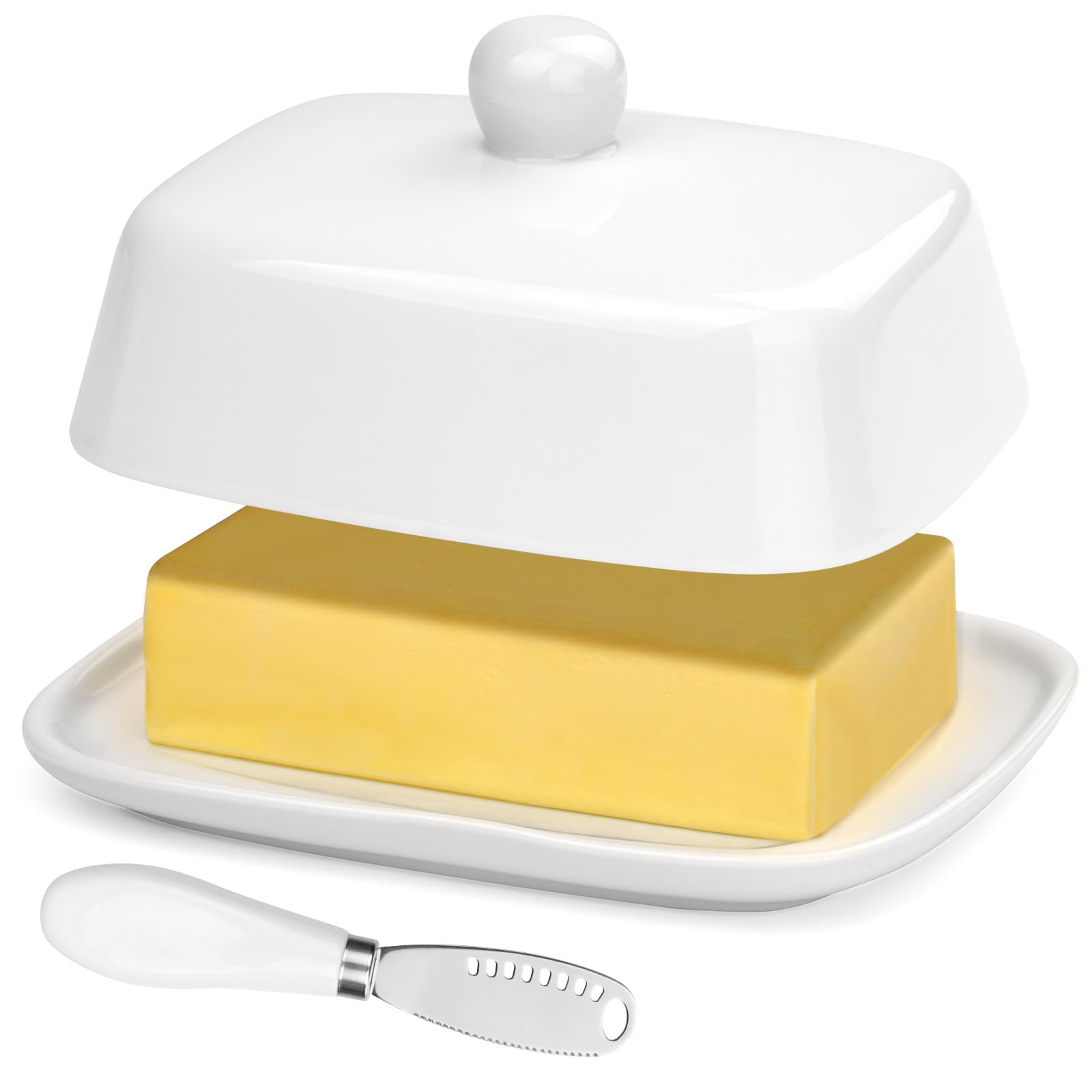 AYESY Ceramic Butter Dish, Home Butter Dish Keeper with Lid and Handle for 250g Block, Ceramic Butter Container with a Butter Spatula, Porcelain Butter Storage for Countertop, Dishwasher Safe