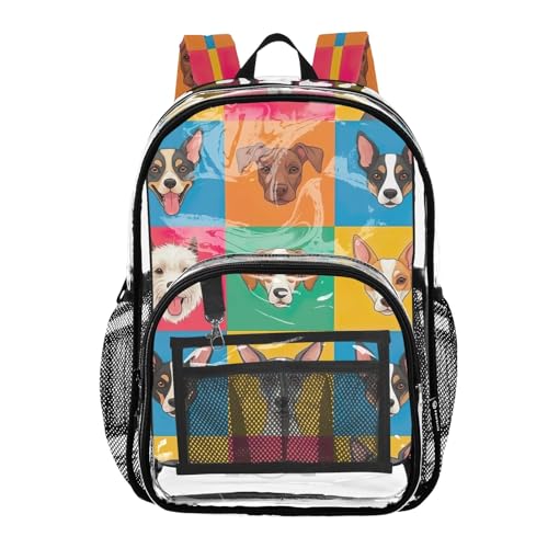 Travel Clear Bags for Women Girls Backpack Kids Boys Approved See through Bag Colorful Dogs Print