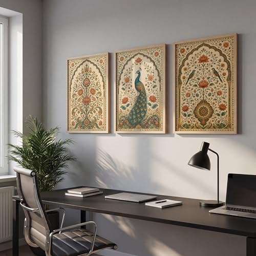 Image of NoWorries Peacock Wall Art Set of 3 Framed Prints | Indian Traditional Floral Botanical Painting, Royal Peacock & Bird Poster, Vintage Rajasthani Ethnic Wall Decor for Living Room Bedroom Home (Synthetic Engineered Wooden Frame) (MIN -12, 13x17 inches)