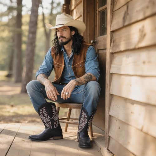 Cowboy Boots for Men, Western Men's Boots, Slip on Square Toe Boots, Slip Resistant Country Boots, Chunky Heel Ankle, Durable Short Boots for Spring Fall4