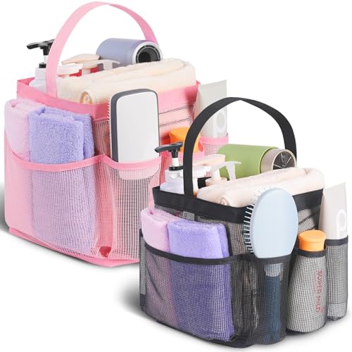 Image of EUDELE 2 Pack Mesh Shower Caddy Portable for College Dorm Room Essentials, Shower Caddy Dorm with 9-Pocket Large Capacity,Shower Bag for Beach,Swimming,Gym All Black+All Purple