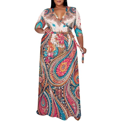 Image of SUZONANA Plus Size Maxi Dresses for Curcy Women Casual Loose 3 /4 Sleeve Long Dress with Belt