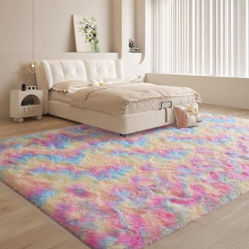 Rainbow Area Rugs for Girls Bedroom, 5x8 Fluffy Fuzzy Shaggy Carpet for Kids Playroom Nursery Living Room, Thick Soft Plush Mat for Kids Baby Boys Teen Dorm Home Decor Aesthetic