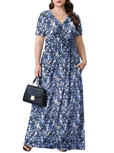 Image of PEVRL Plus Size Summer Maxi Dress for Curvy Women with Pockets 1X-5X | Short Sleeve, Twisted Front V-Neck, Summer Casual A Line Flowy Dress, Empire Waist Floral Print Beach Vacation Long Dress