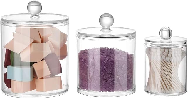 1 Set of 3 Attached Clear Acrylic Plastic Countertop Jars with Lids | Beauty Bathroom Organiser Jars Containers for Cosmetics, Pad, Cotton Bud Storage, Small Makeup Products and Samples Organizer