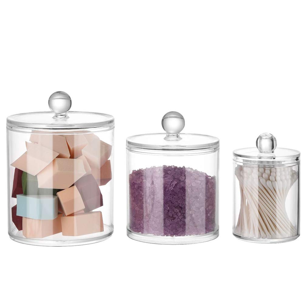 1 Set of 3 Attached Clear Acrylic Plastic Countertop Jars with Lids | Beauty Bathroom Organiser Jars Containers for Cosmetics, Pad, Cotton Bud Storage, Small Makeup Products and Samples Organizer