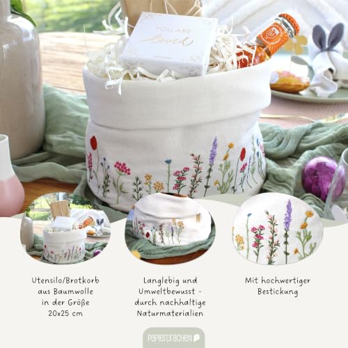 Papierdrachen Brotkorb "Frühlingswiese" - charmante Tischdekoration - mit hochwertiger Blumenbestickung in Wiesenoptik – Ansicht 2