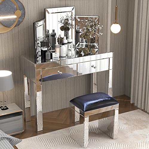 Maotifeys Modern Silver Mirrored Console Table with 2 Storage Drawers Rectangle Vanity Desk Makeup Vanity Table with Drawers Writing Desk Media Dressing Tables for Bedroom Living Home Office