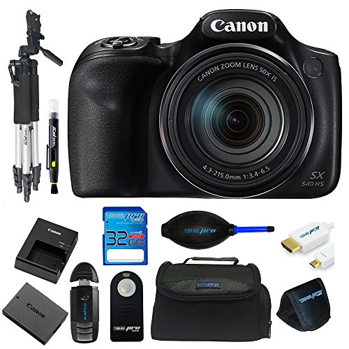 PowerShot SX540 HS with Built-in Wi-Fi & 50x Optical Zoom, 32 GB Memory Card, 50'' Tripod, Camera Bag, IR Remote and Accessory Bundle Kit (Renewed)