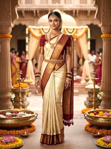 Image of VFCollections Women's Kanchipuram Silk Bridal Pure Pattu Cream White Sarees With Blouse