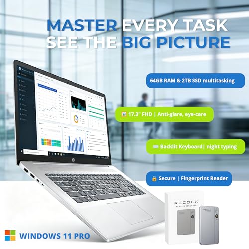 Image of HP 17 Laptop for Office Business - 64 GB RAM, 2 TB SSD, Intel i5-1334U(Up to 4.6 GHz), 17.3 inch FHD Display, Backlit Keyboard, Fingerprint Reader, Privacy Webcam, Windows 11 Pro, Bundle AI Voice Recorder