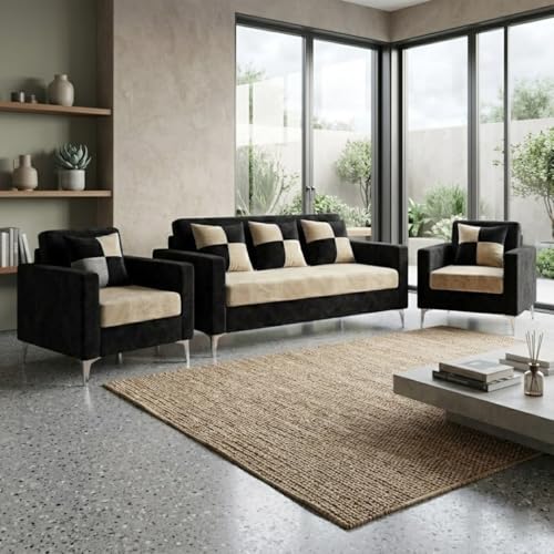 Image of FURNY Lushwood 3 Seater + 1 Seater + 1 Seater Sofa Set (Cream-Black) | Premium Suede Velvet Fabric Finish | Silver Metal Legs | Durable Comfort Sofa for Modern Living Room & Office Spaces