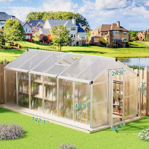 Garvee 8x12 FT Greenhouse - Aluminum Greenhouses for Outdoors, Large Polycarbonate Greenhouse with Roof Vent, Heavy Duty Walk-in Green Houses for Outside Garden, Backyard, Patio, Lawn, Easy Assembly