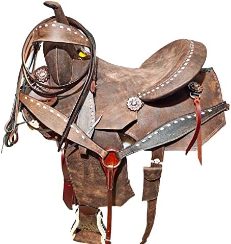 Deen, Enterprises Premium Leather Western Barrel Racing Horse Saddle Tack Size 14" to 16" inch Seat Matching Headstall, Breast Collar, & Reins (16" inches Seat, Rough Out)
