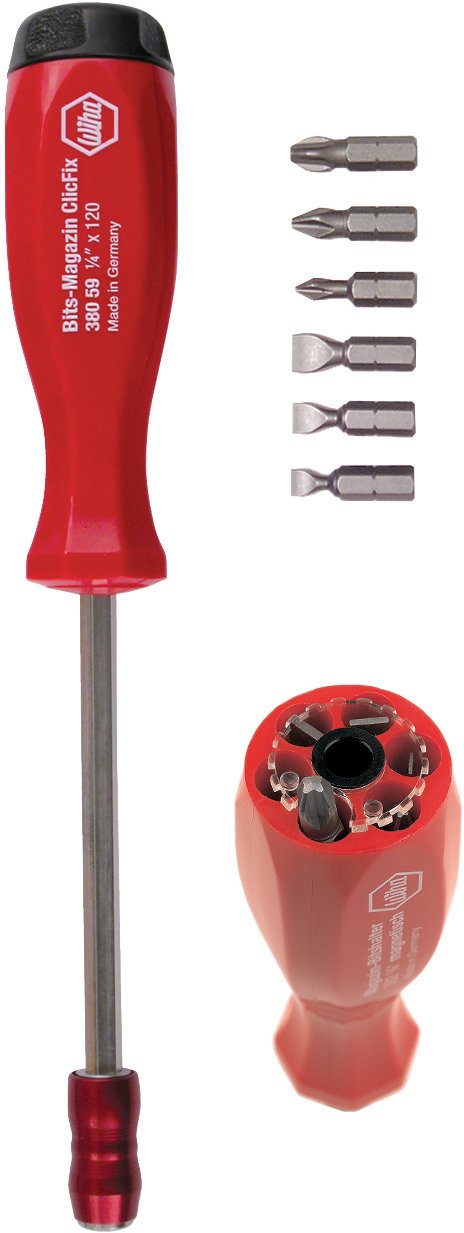 Wiha 38033 Slotted, Phillips and Clicfix Quick Release Magnetic Bit Holder, 7 Piece