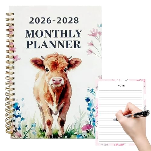 Agenda Calendario – Cuaderno con diseño de vaca para 2026 a 2028, planificador mensual de 3 años, para escolares, estudiantes, universidad, oficina, hogar y negocios