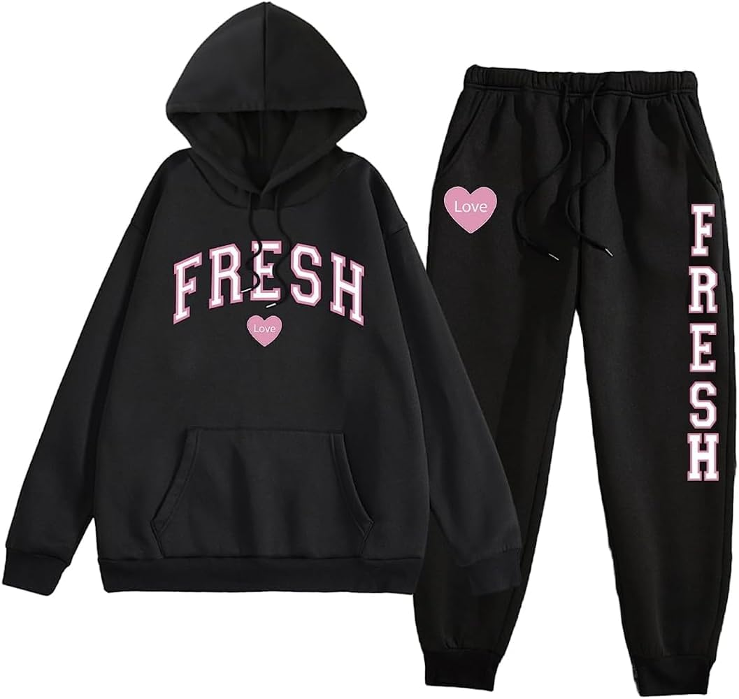 Sturniolo Triplets Merch Fresh Love Unisex Suit Women Men Pullover Big Size Two Piece Long Pants Set (Black,Women-M)
