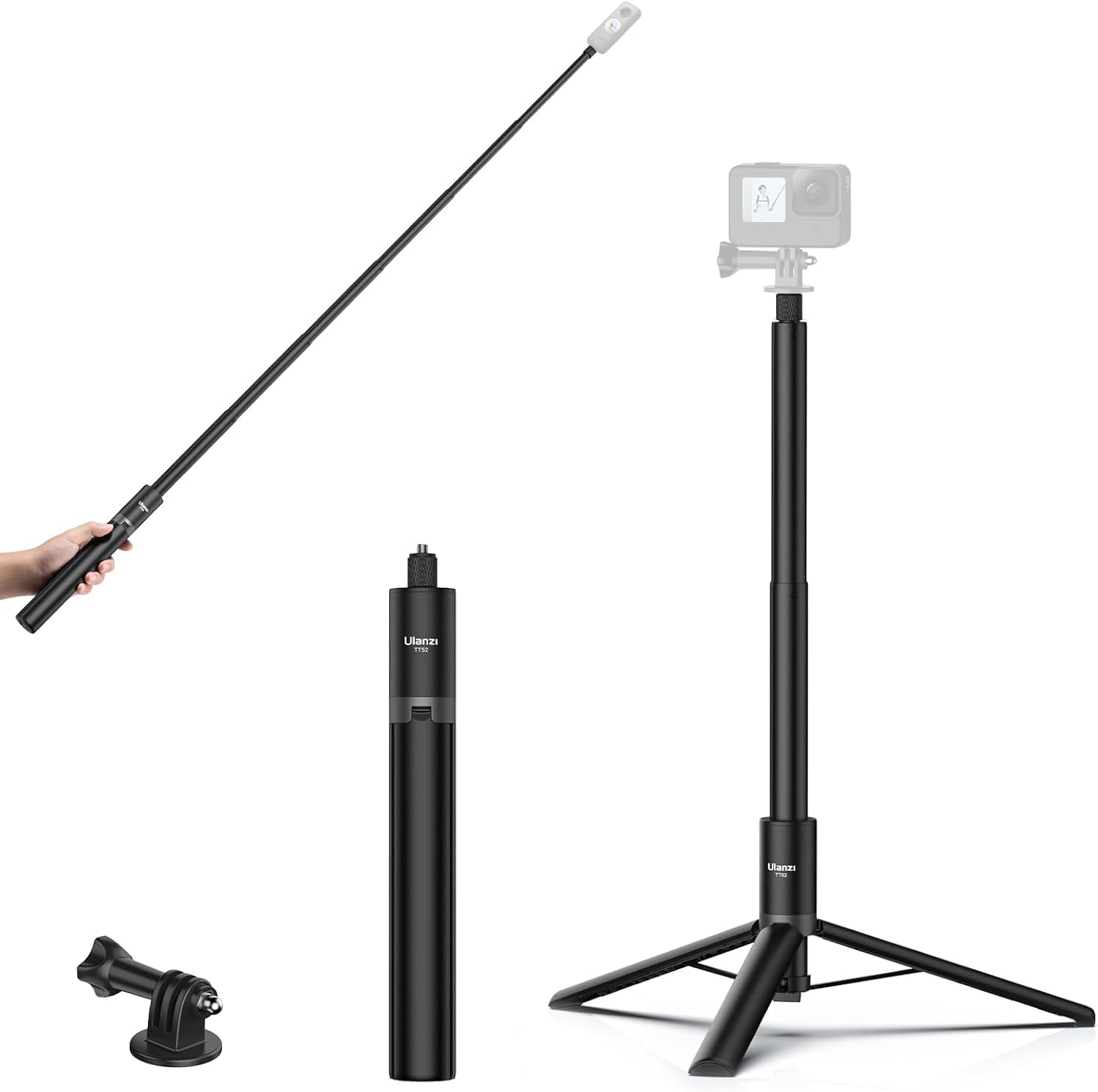 ULANZI TT52 59in Invisible Selfie Stick Tripod, Extendable Pole Selfie Stick Handle Grip Compatible with DJI OSMO 360/OSMO Pocket 3/Insta 360 x5 x4 x3 Xtra w Adapter for G-O P-RO Hero 13 12 11 10 9 8