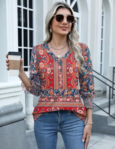 Rapbin 3/4 Length Sleeve Womens Tops Summer Trendy Puff-Sleeve V-Neck Blouses Dressy Casual Textured Smocked T-Shirt2