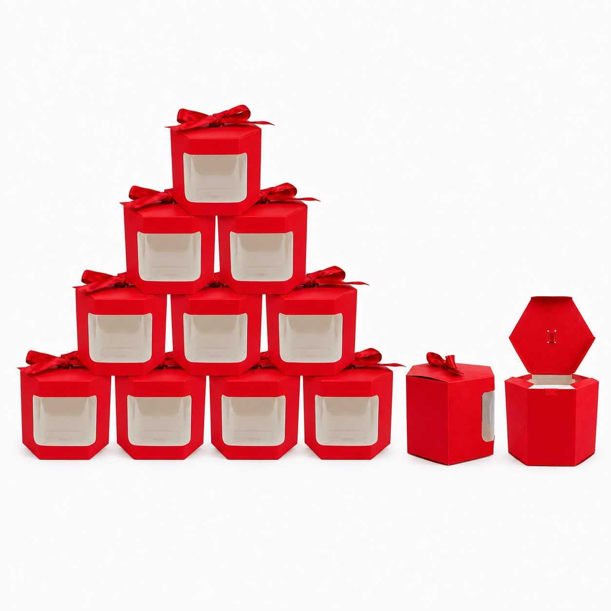 Emartbuy Red Kraft Hexagonal Bag Clear Window & Ribbon 10x10x12cm - Pack 24