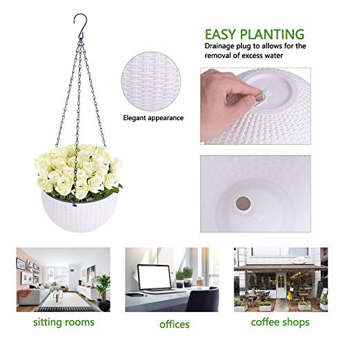 2 Pack Hanging Basket Planters, 2 Size Self-Watering Hanging Planter with Drainer and Chain for Indoor-Outdoor (White)