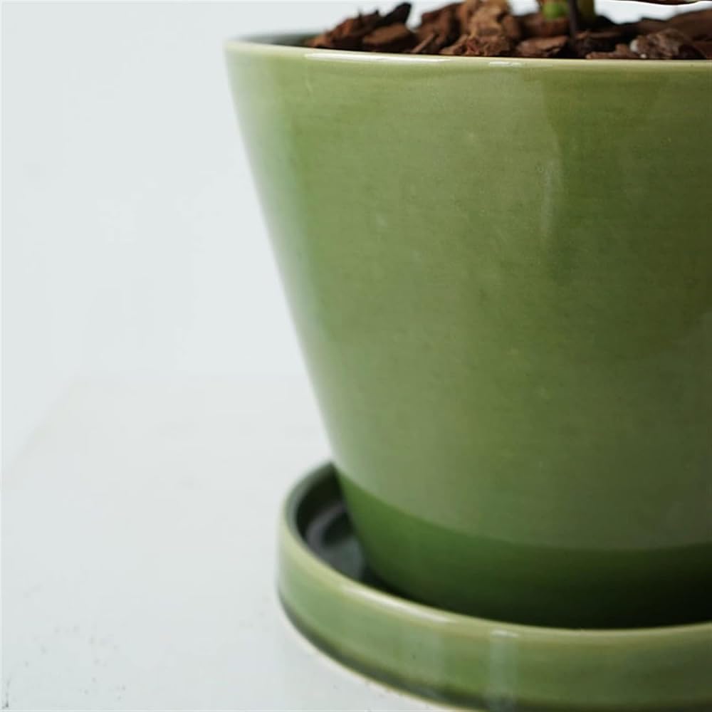 Doniczka Ceramiczna Prosta Okrągła Otwarta Doniczka Zielona Doniczka Z Tacką Nadaje Się Do Sadzenia Orchidei Kaktusów Sukulentów Dekoracyjna Doniczka-20 * 16 Cm
