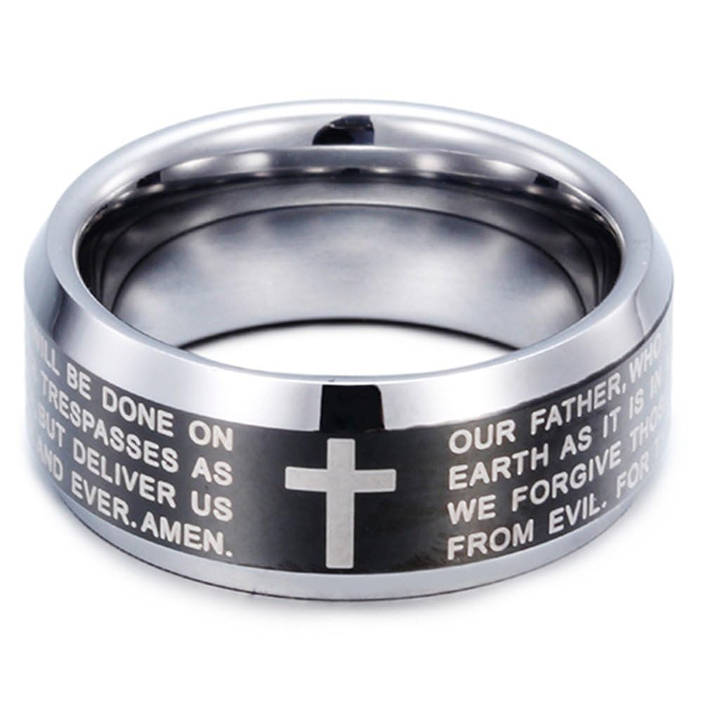 Fashion Month Mens 8mm Black Silver Tungsten Carbide Ring English Bible The Lords Prayer Cross Two-Tone Band for Him