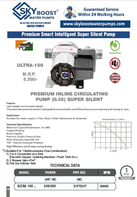 Image of Skyboost ULTRA-150 Silent Pressure Booster Pump | Premium Inline Circulating Pump | Automatic Start /Stop | Suitable for Bathroom, Kitchen & Washing Machine | 1 Year Warranty