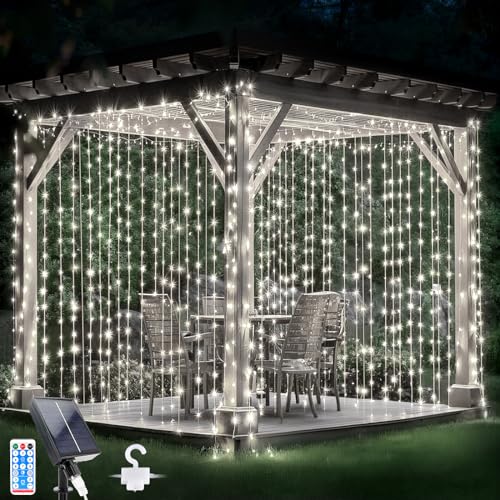 Cortina De Luces Solares Para Exteriores 300 LEDs, 3M x 3M Luces Navidad Exterior, 8 Modos, Control Remoto, Cortinas Brillantes Colgantes Para DíA San ValentíN, Habitacion, Jardín, Blanco