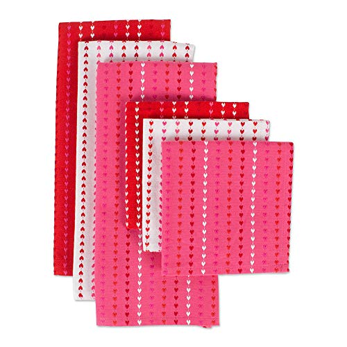 Dii Valentine's Day Collection Kitchen, Dishtowel/Dishcloth Set, Hearts Dobby Stripe, 6 Piece #TOP6