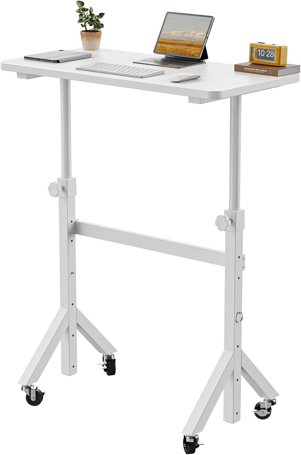 HUANUO Height Adjustable Standing Desk,6 Height Settings Up to 118cm,80x40cm Mobile Small Desk with Triangular Leg Design, Smooth Mobility with Lockable Wheels, Laptop Table