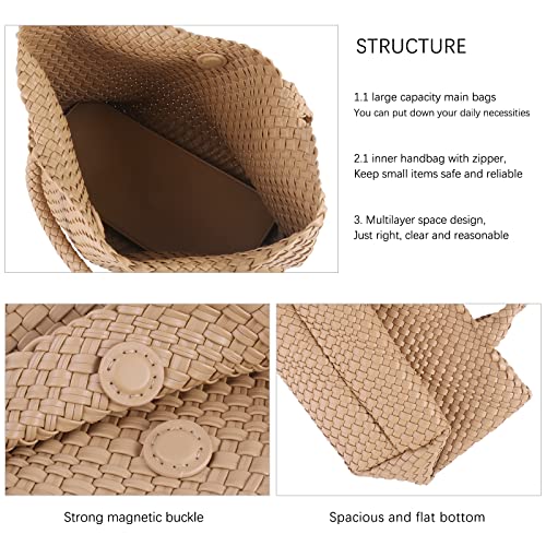 Image of Woven Tote Bag for Women Retro Handwoven Shoulder Travel Handbag Large Capacity Hobo Vegan Leather Bags with Purse