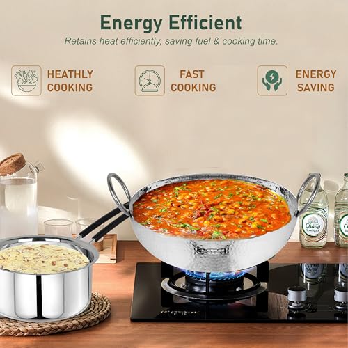 Image of Parage 2 Pieces Stainless Steel Hammered Kadhai & Sauce Pan with Heavy Bottom for Kitchen /Utensils, Cooking, Deep Frying | Gas Stove Friendly Cookware (Capacity-1.2 LTR & 1 LTR, Silver)