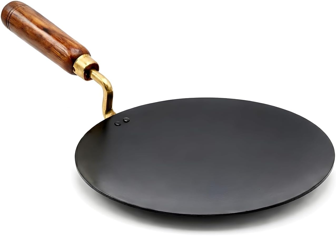Pure Iron Tawa with Wooden Handle, Curved Surface, Heavy Base, Multipurpose Roti/Chapati Pan, 1.2 KG