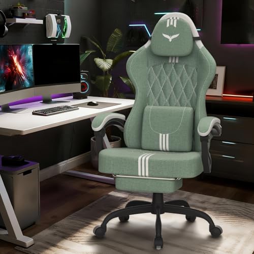 Verdego Silla Gaming, Silla Gamer Ergonómica con Masajeador Cojín Lumbar, Reposapiés Retractable y Reposacabezas, Tela, Reclinable 90-145°, Altura Regulable 10cm, Sillas Gaming, Verde y Blanco