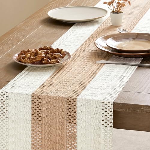 Image of ZeeMart Macrame Style Bicolor Stitching Table Runner, 14 x 48 Inch Beige /Ivory, Boho Light Tan Table Runners 48 Inches Long, Farmhouse Woven Home Decor