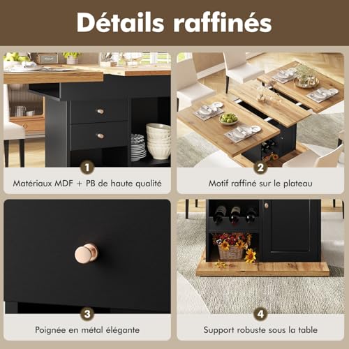 Table a manger extensible noire avec rangement centrale table rectangulaire moderne 110-140cm - 5