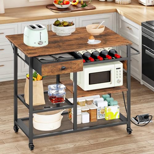 Image of HOOBRO Kitchen Island with Power Outlet, Rolling Kitchen Cart with Drop Leaf, Island Table with Extendable Worktop and Adjustable Shelf, Kitchen Island Cart for Dining Room, Rustic Brown BF22UZD01