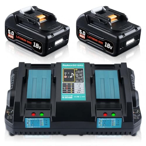 2X 5,0Ah BL1850B Ersatzakku für Makita Akku 18V mit Ladegerät DC18RD Kompatibel mit BL1860B BL1840B BL1830B BL1820B BL1815N Werkzeugakku