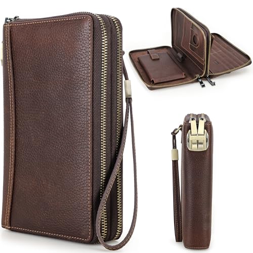 Image of Top Grain Genuine Leather Zipper Clutch Wristlet Wallet for Man & Woman, Handmade, Multi Slots & Pockets & Combination Lock, RFID Large Capacity for Cards /Checks /Passports /Phone /Pen /AirTag, Red Coffee