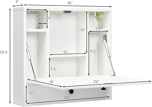 Miniatura 3 de Tangkula Escritorio montado en la pared, escritorio flotante neumático para laptop con mesa plegable magnética, mesa de pared que ahorra espacio con