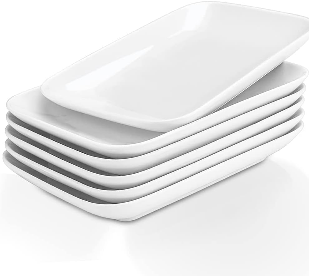 8 in Ultralight Rectangular Dessert/Salad Plates, Ceramic Small Serving Dishes for Fruit, Salad,Sushi Appetizer and More - Plate Set of 6, White