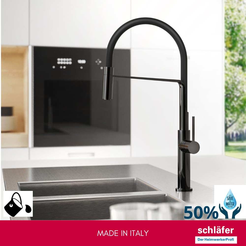 Schläfer 35406520 | Mezclador fregadero cocina negro brillante, boca giratoria 360°, grifo cocina profesional con alcachofa orientable, grifo fregadero con ducha serie Move de latón