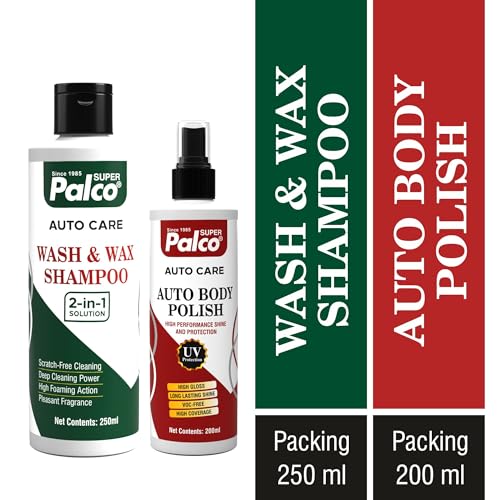 Image of PALCO Combo Auto Care 2 Products | Wash & Wax Shampoo 250ml & Auto Body Polish 200ml Combo Pack | Car Cleaning Shampoo with High Foaming Action & UV Protected Long Lasting High Gloss Polish for Shine