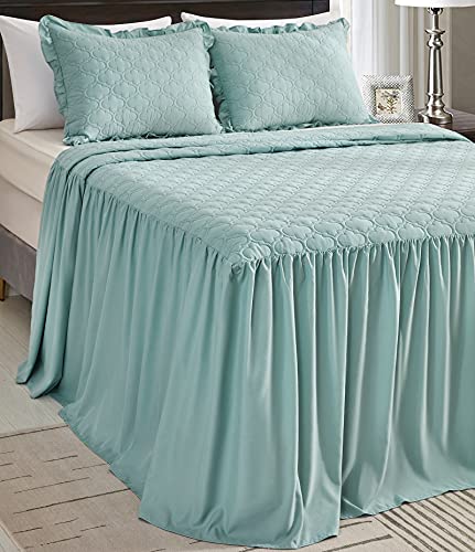 Chixin Ruffle Skirt Bedspread - 30" Long Drop, Shabby Chic Farmhouse Style, Lightweight, 3 Piece - Solid (King, Aqua) #TOP1