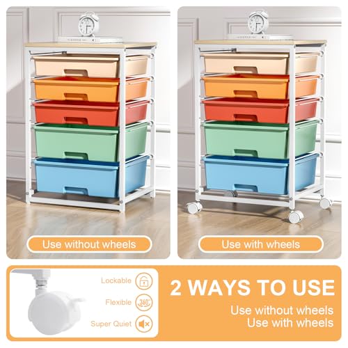 Image of SYKIARIOL Utility Cart with 5 Drawers,Storage Cart with Wooden Tabletop and Lockable Wheels,Craft Storage Trolley Organizer,5-Tier Rolling Utility on Wheels,Macaron