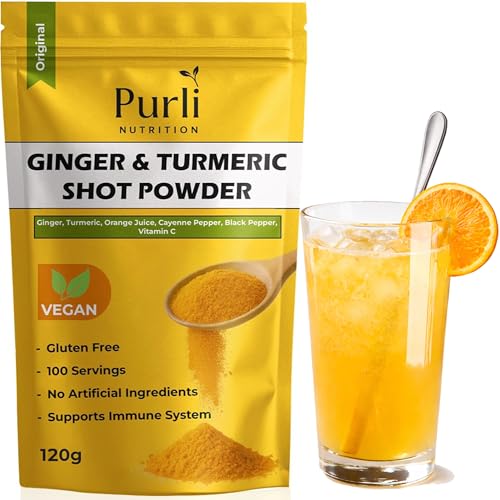 Ginger and Turmeric Shot Powder 120 Servings | Drink Supplement with Vitamin C | Orange Cayenne Black Pepper | Vegan | Ginger Shots at Home - Mix with Water Juice or Tea | 120g